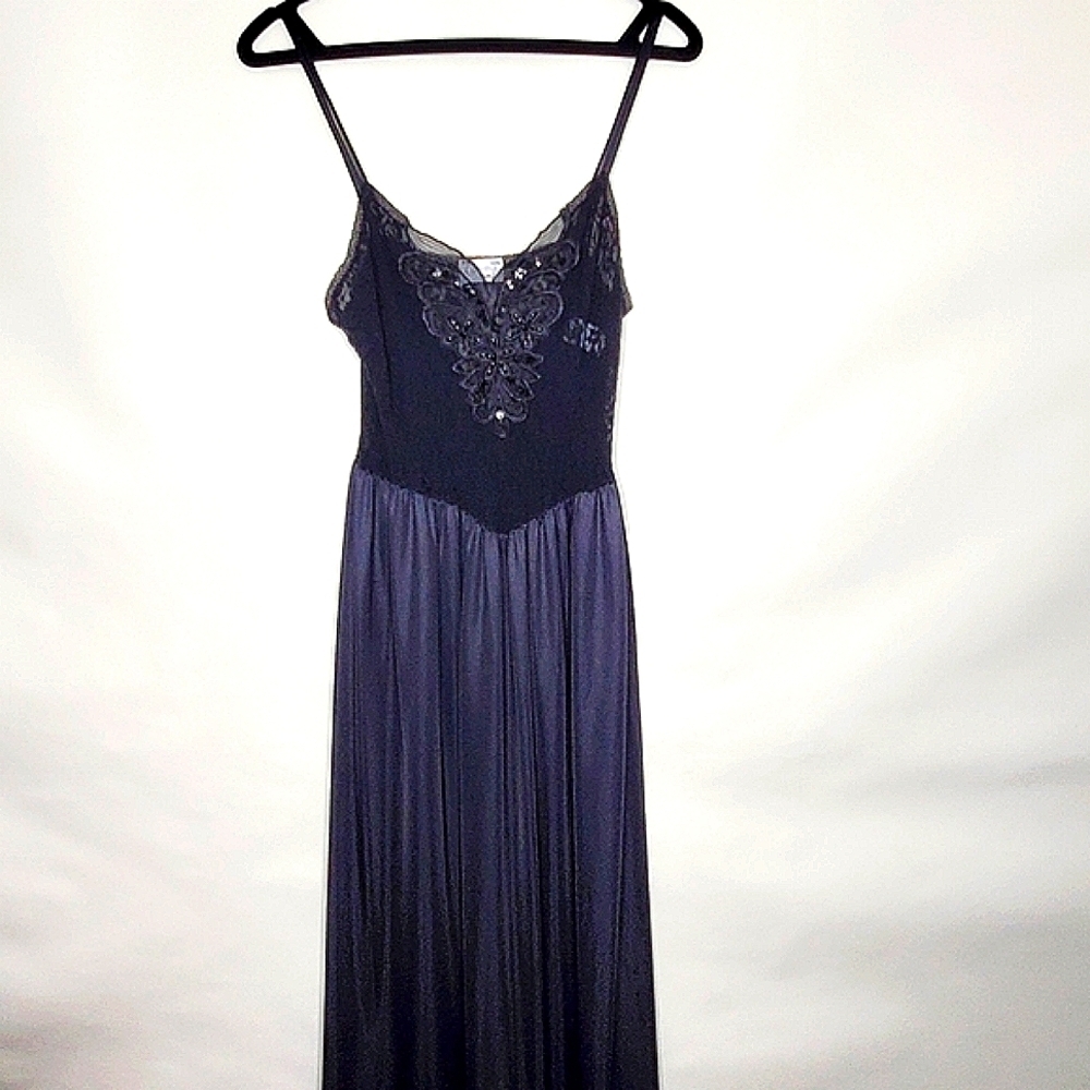 Vintage Beaded Slip Dress Size M Black‎ Mesh Lace Sequin Retro Glam Whimsigoth